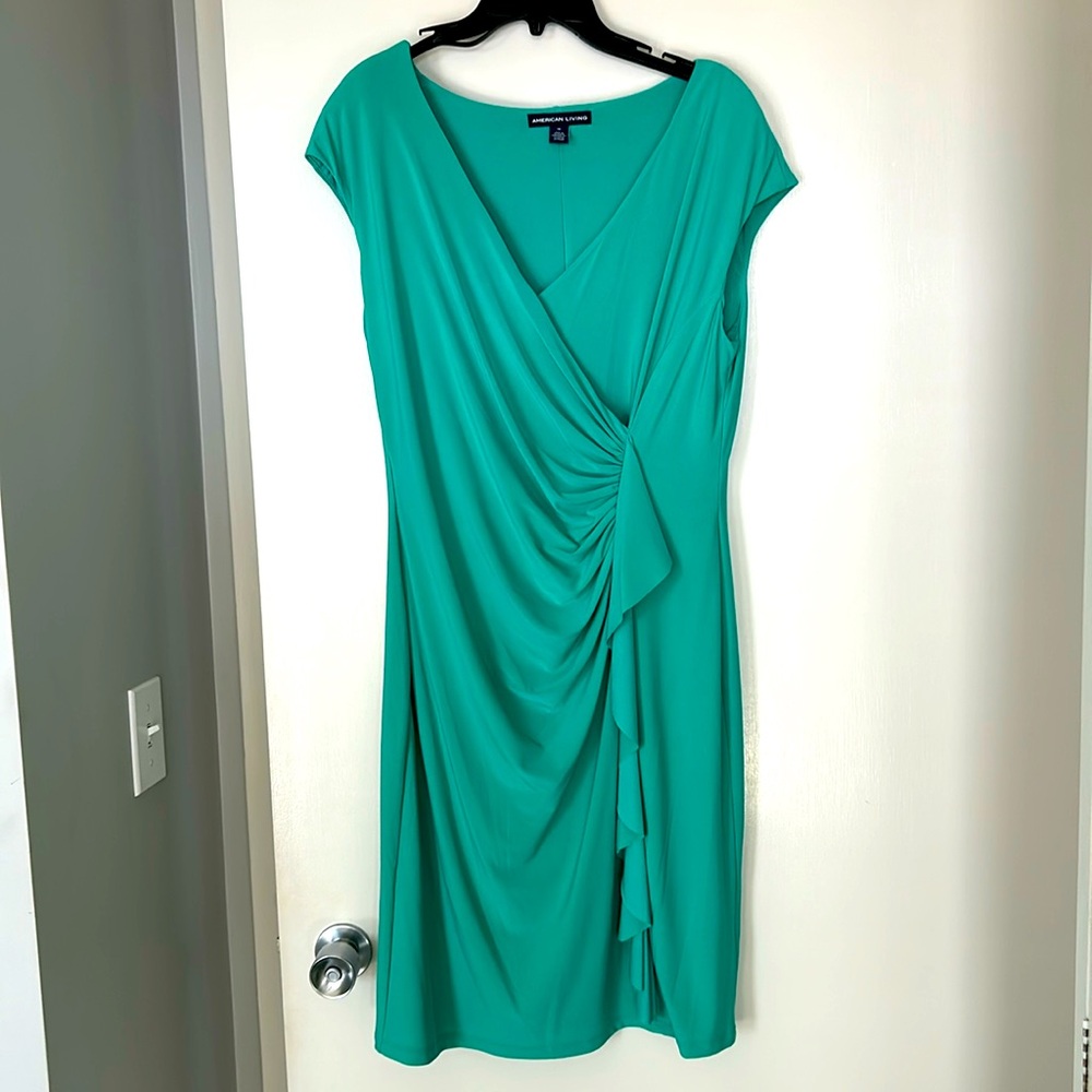 American Living green silky sleeveless dress with front ruffle, New, never worn